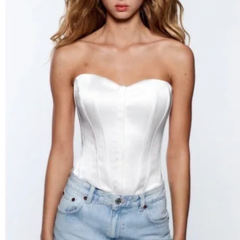 ZARA White Satin Effect Fully Lined Boning Corset Top